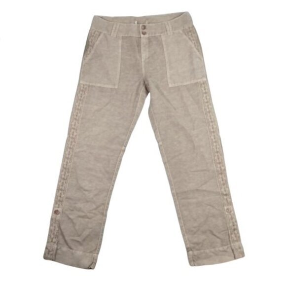Sundance Organia Pants 12 Beige Linen Blend Cotton Lace Trim Roll Tab Boho Fairy - Picture 1 of 6
